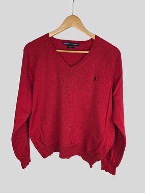 Ralph Lauren Golf Womens Large Red VNeck Sweater Long Sleeve Cotton Preppy